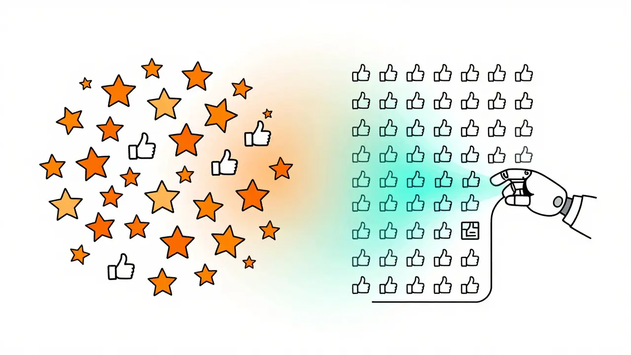 Cartoon showing chaotic rating icons being organized into a grid by a robotic hand