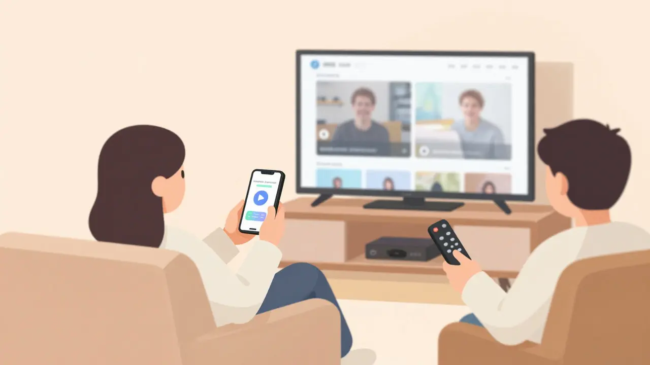 Cartoon showing two people using different methods to control their TVs