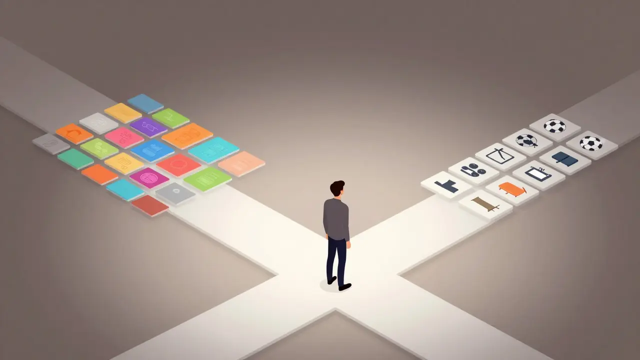 Character standing at a crossroads of different content styles