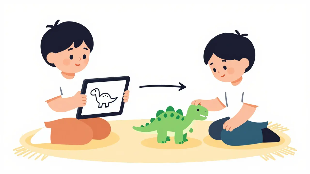 Child playing with both a tablet and physical toys to reinforce learning