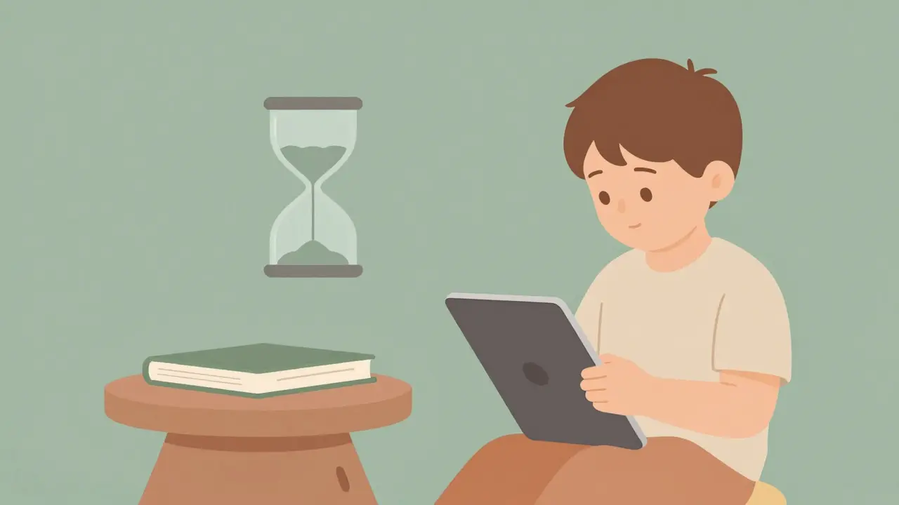 Child with tablet and hourglass timer in simple illustration