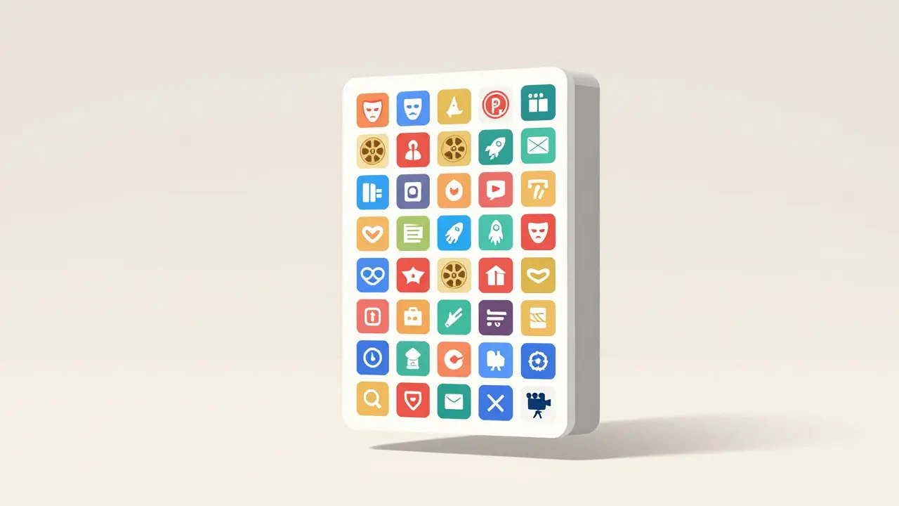 Colorful icons representing diverse movie genres on a minimalist digital shelf.
