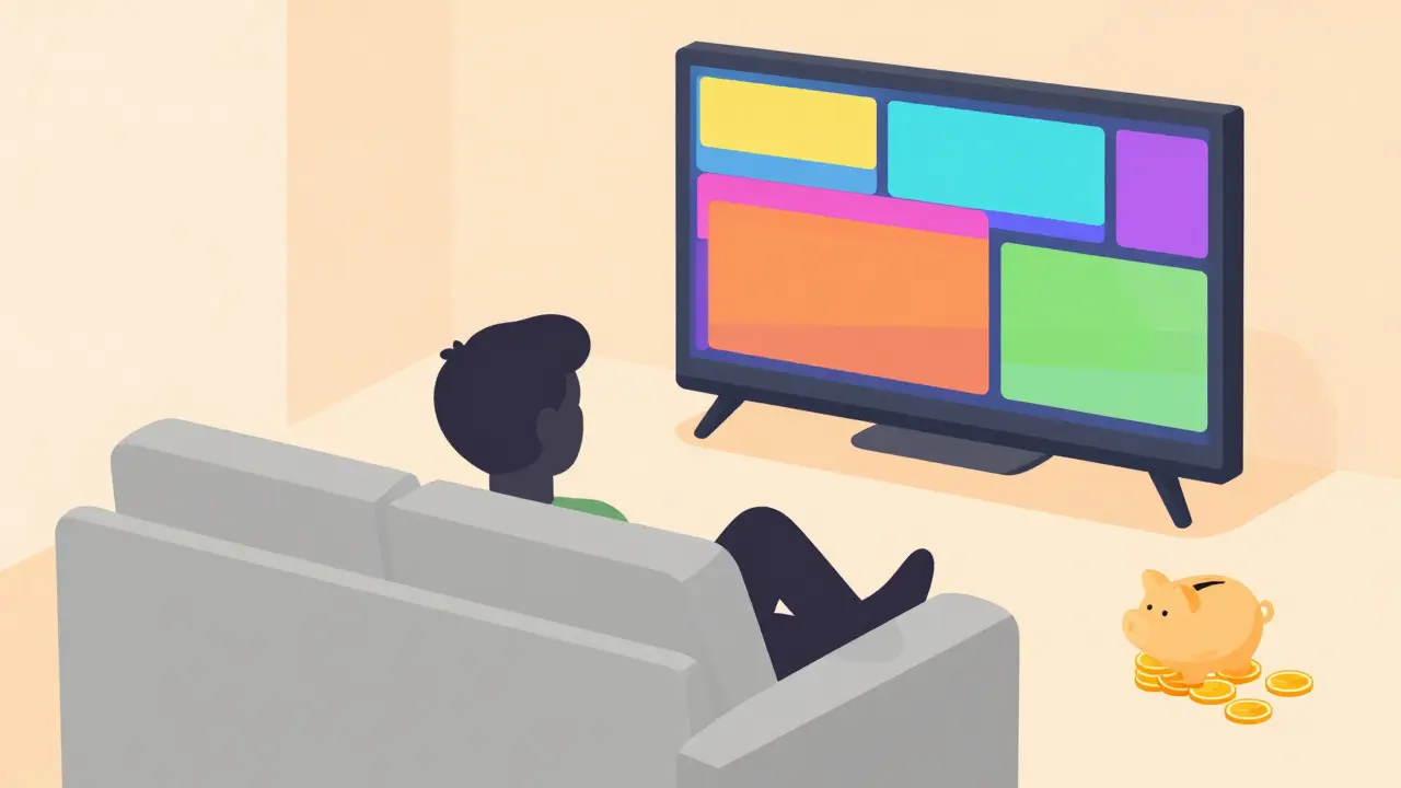 Cozy living room with TV and piggy bank symbolizing streaming savings