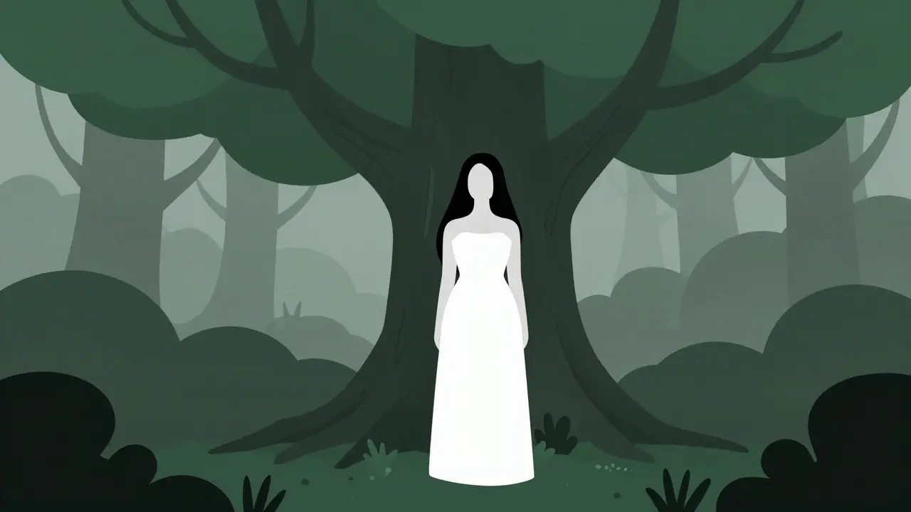 Flat design art of a Kuntilanak ghost under a banyan tree in an Indonesian forest