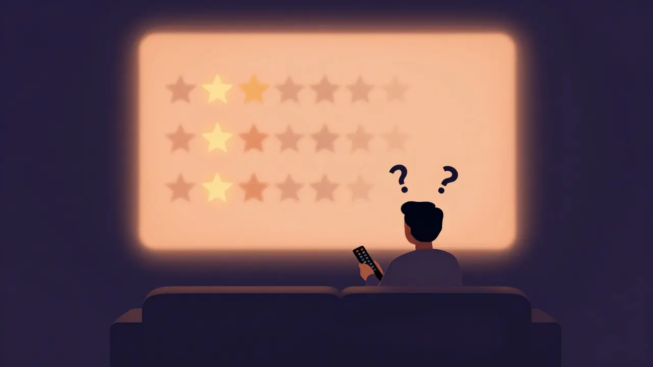 Flat illustration of a confused viewer on a sofa facing a screen full of identical high ratings