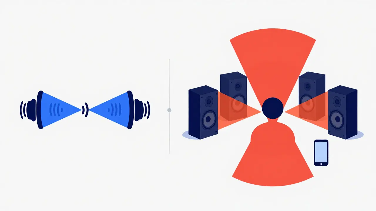 Flat vector art comparing stereo audio confinement versus enveloping 5.1 surround sound fields.