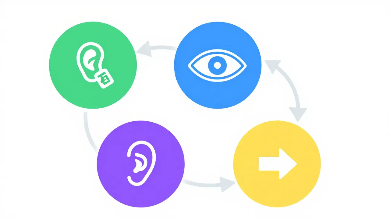 Four-step minimalist icon flowchart for subtitle learning stages