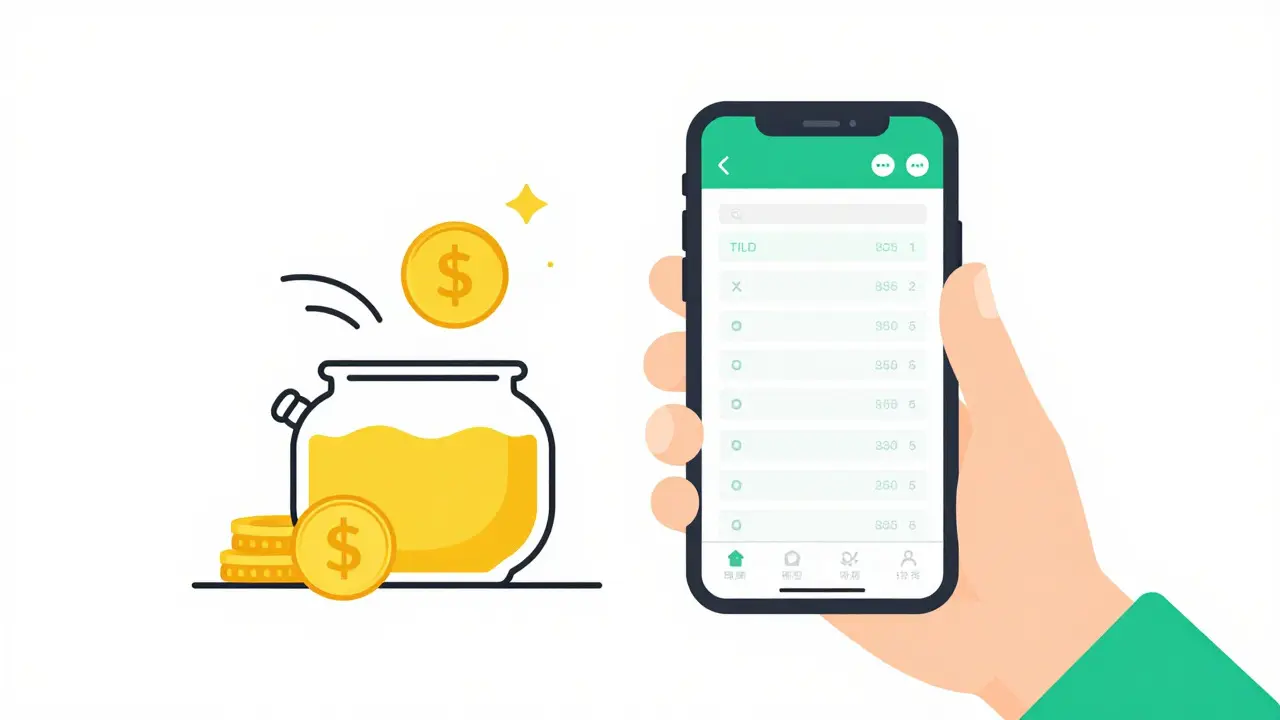 Hand holding phone with spreadsheet next to savings jar