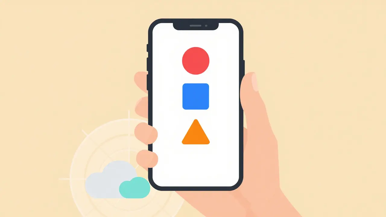 Hand holding smartphone with minimalist icons for news and weather apps.