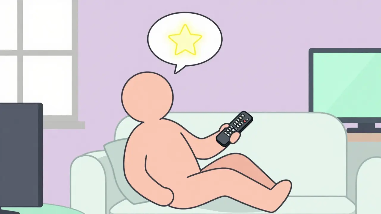 Illustration of a person watching TV at home with a thought bubble containing a star