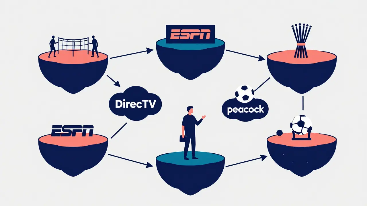 Illustration of sports leagues distributed across floating platform islands connected by arrows
