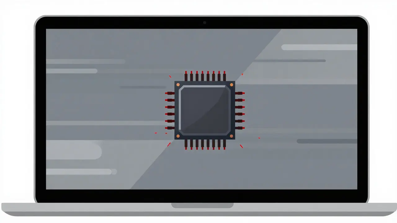 Laptop screen graphic showing a CPU chip causing visual glitches in a video