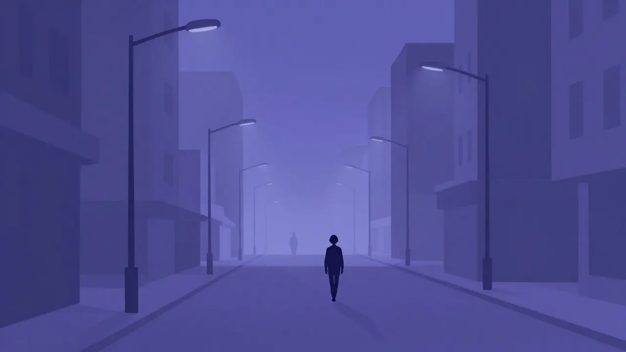 Lonely figure walking in a neon city with a fading ghostly presence