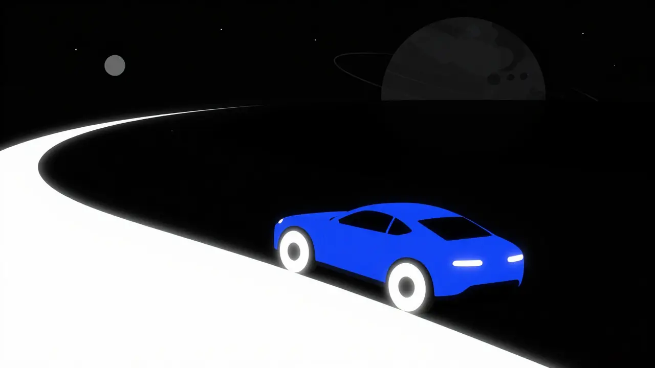 Minimalist art of a car driving through outer space near a distant planet