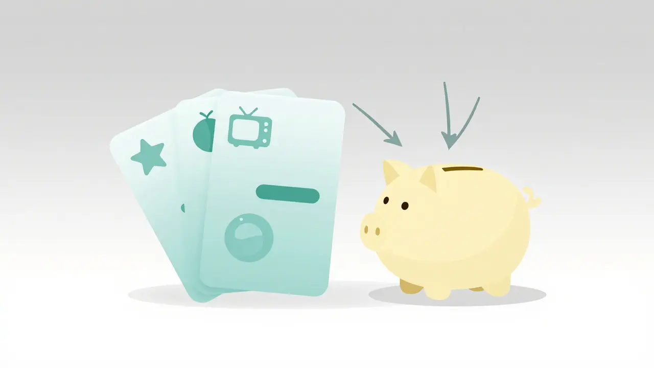 Minimalist drawing of a wallet and three service cards illustrating subscription savings