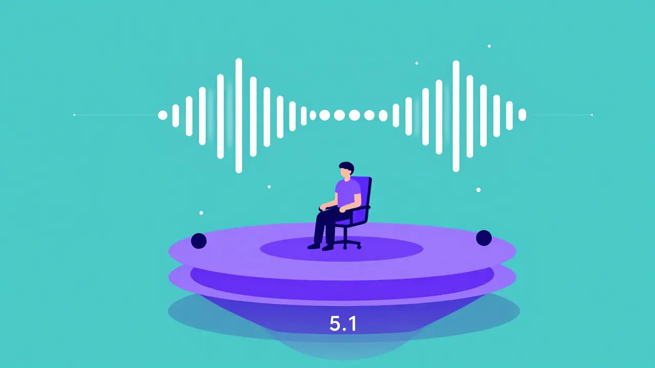 Minimalist illustration depicting 3D spatial audio objects floating around a listener for Dolby Atmos.