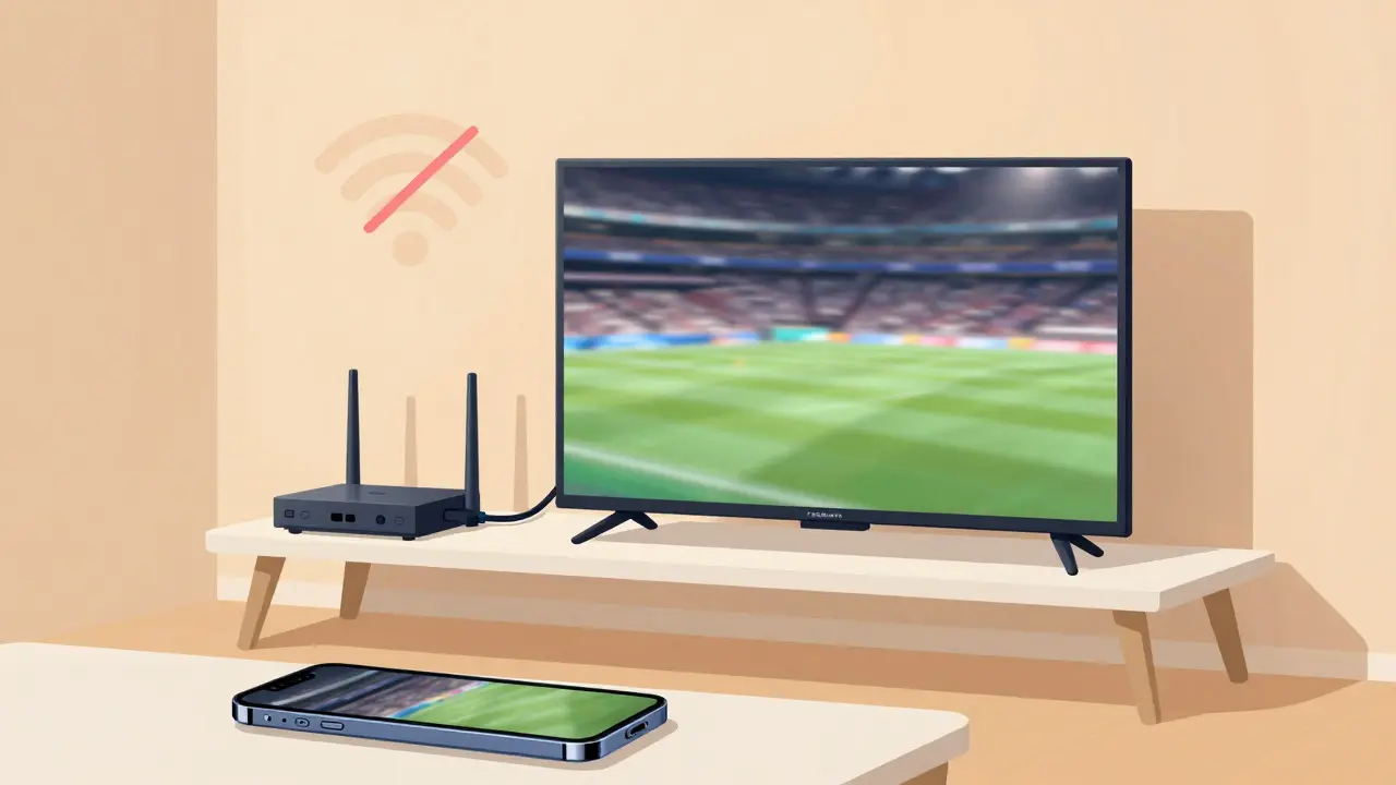 Minimalist illustration of a TV connected via ethernet cable for stable sports streaming