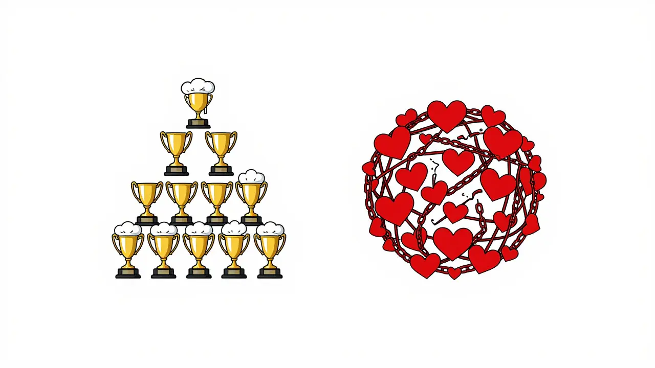 Minimalist illustration of golden trophies versus tangled red hearts and chains.