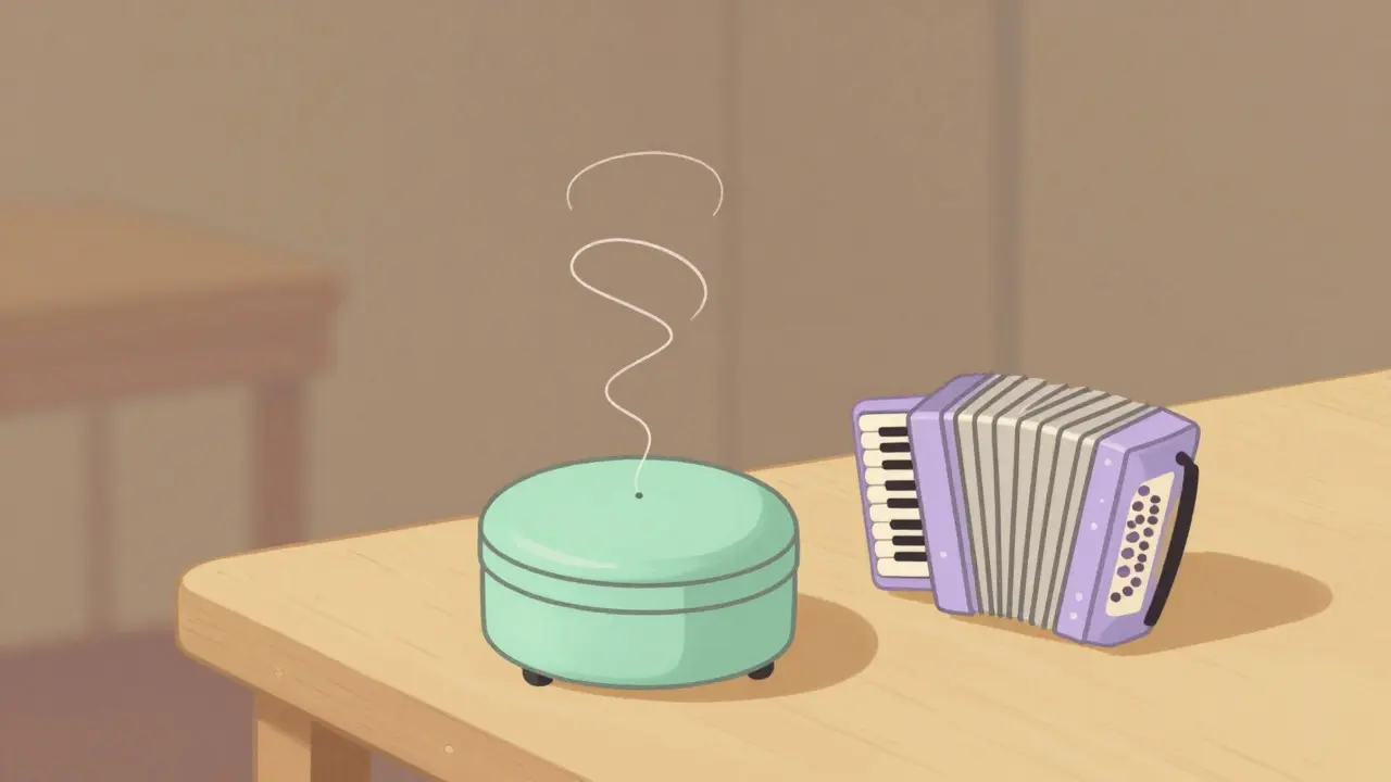 Pastel minimalist drawing of a music box and accordion on a table