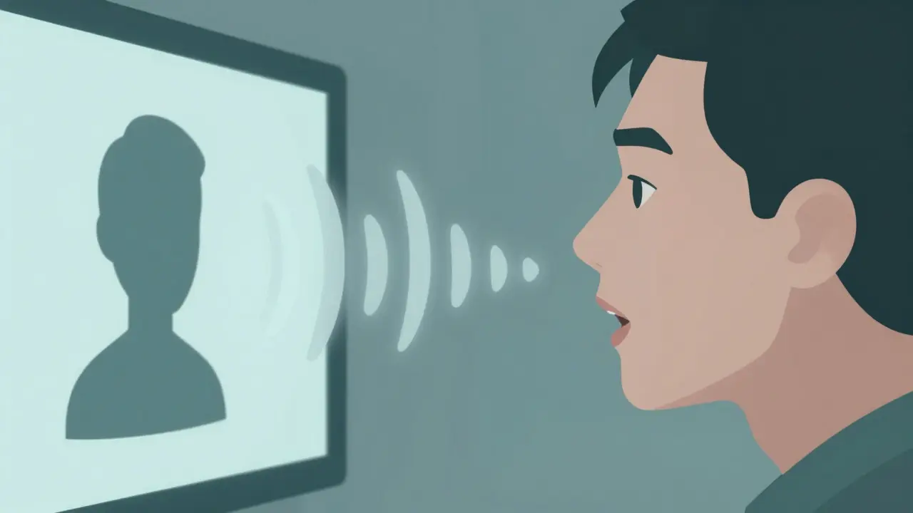Person mimicking speech with sound waves reflecting off a screen