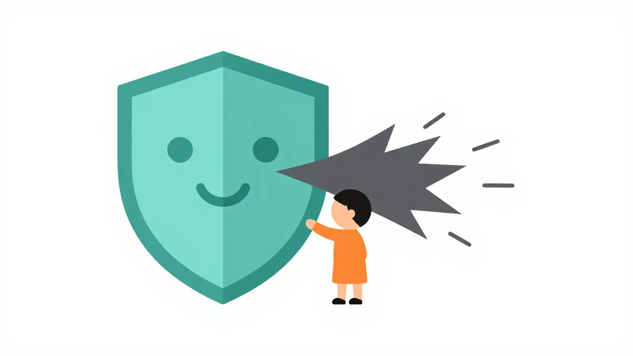Shield protecting child from digital noise in flat design