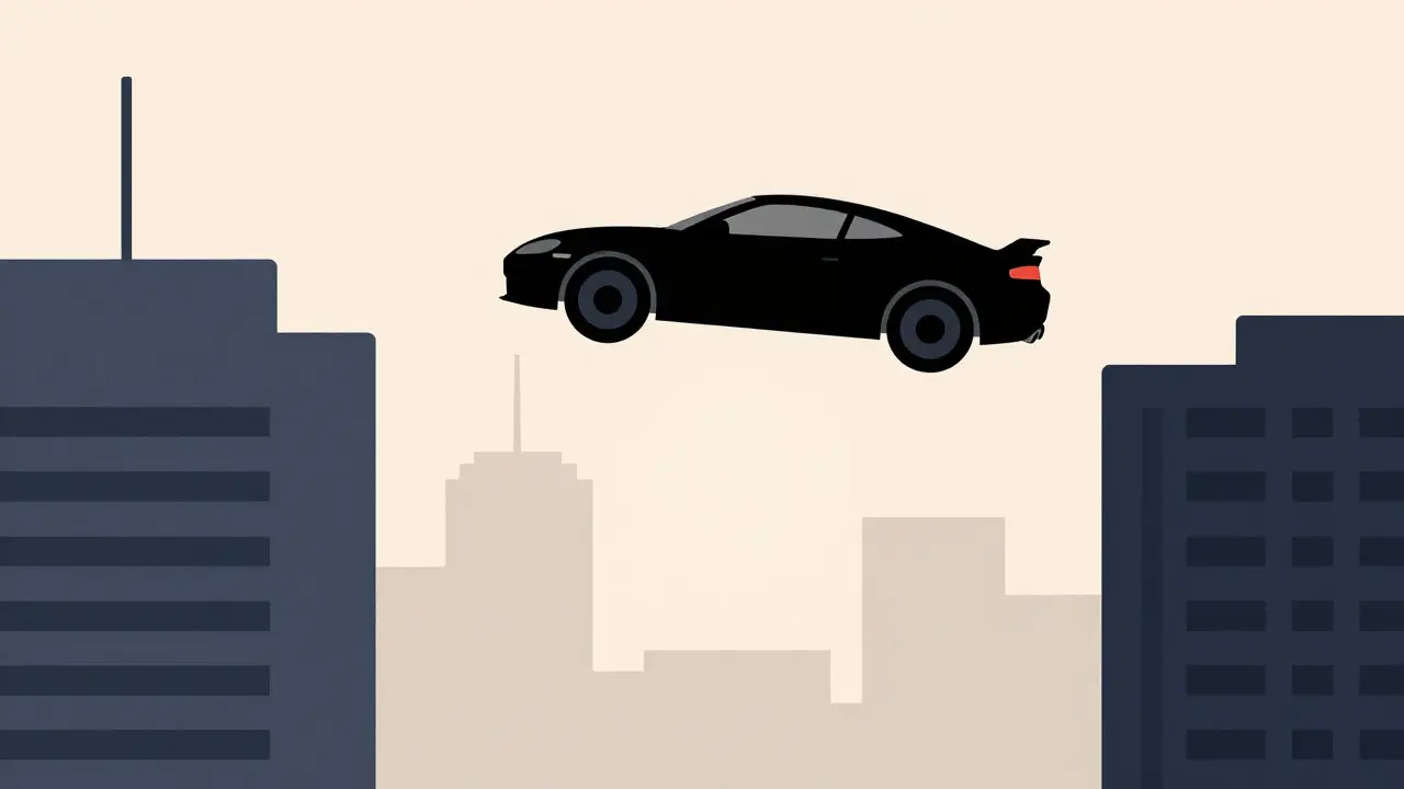 Simple graphic of a car jumping between skyscrapers in a stylized cityscape