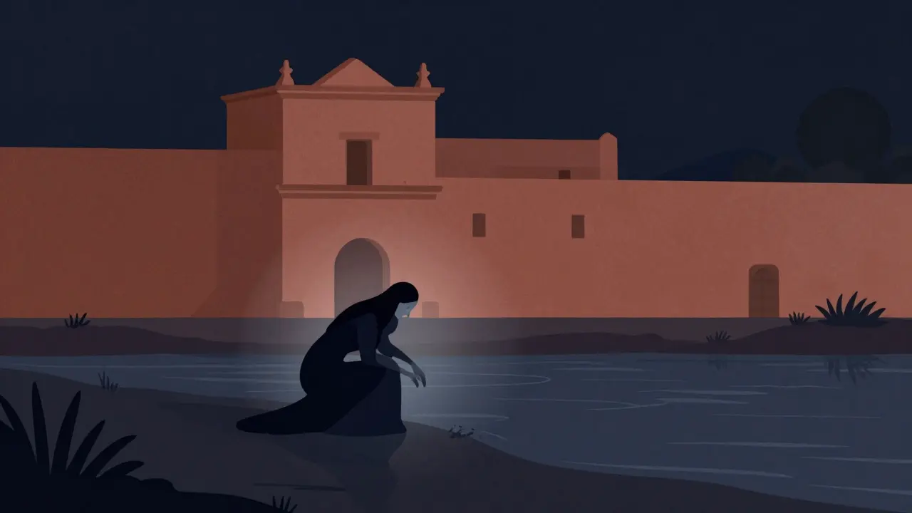 Simple illustration of La Llorona by a river near a colonial building in Mexico