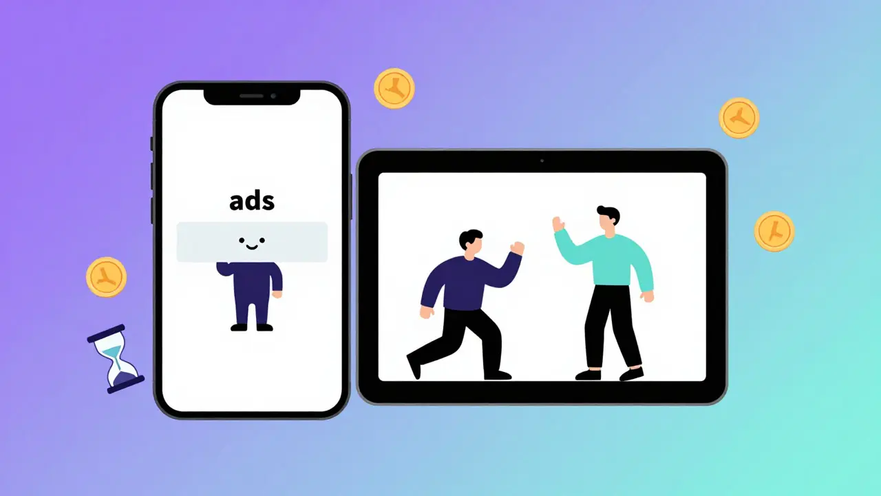Smartphone and tablet displaying streaming content with subtle ad symbols.