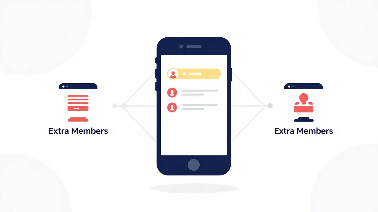 Smartphone connecting to extra member accounts via simple geometric lines.