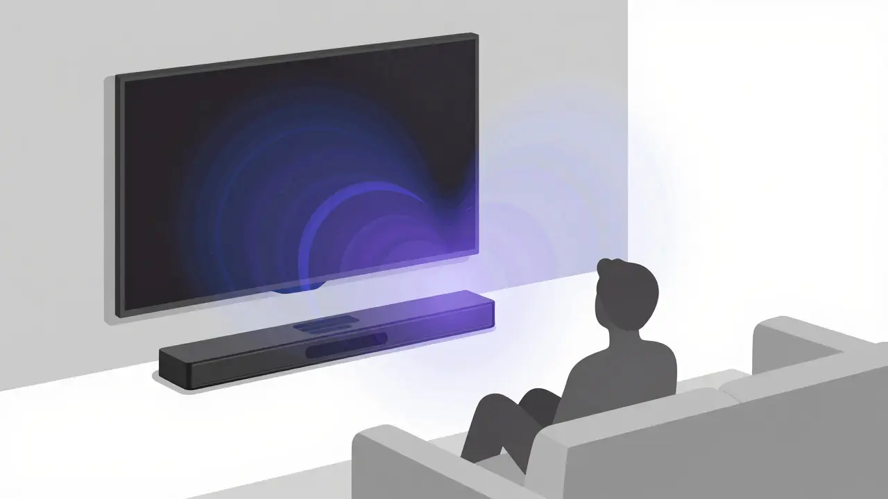 Soundbar emitting colorful audio waves around a viewer for immersive sound