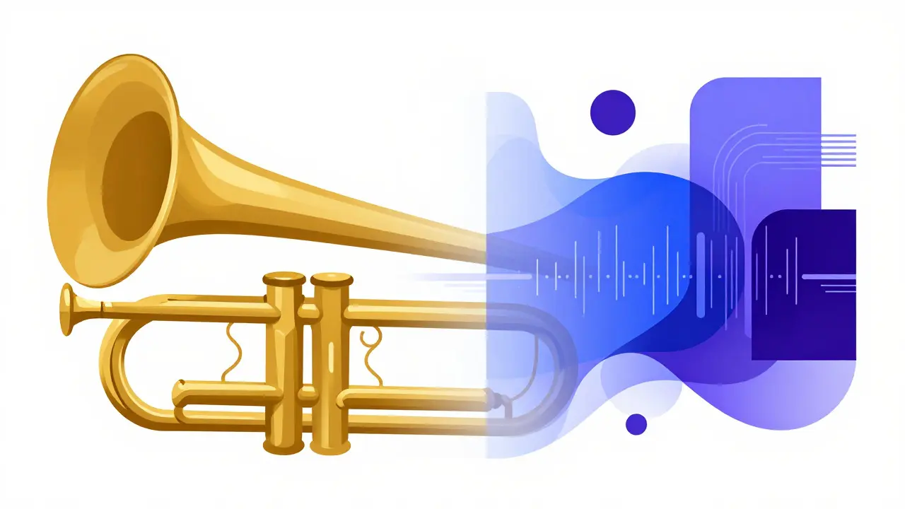Split illustration contrasting brass instruments with abstract electronic shapes