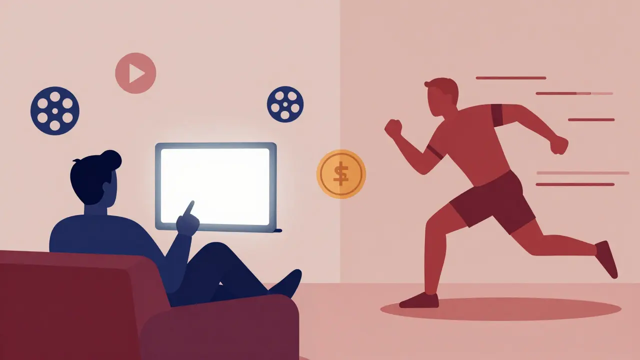 Split illustration showing movie viewing and sports action separated by a currency symbol