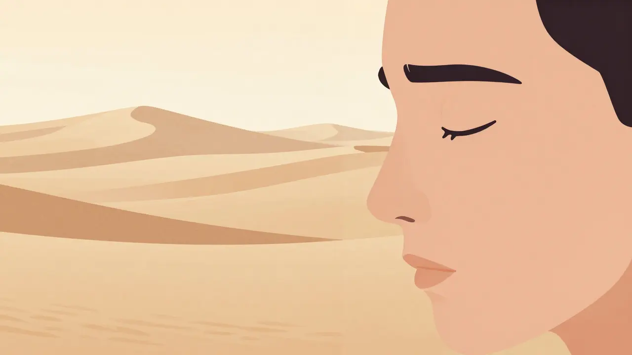 Split image showing vast desert and close-up human face
