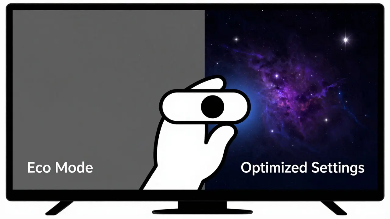 Split view comparing a dull screen to a vibrant one with a hand toggling settings