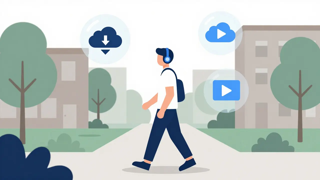 Student walking on campus with headphones and offline download icons