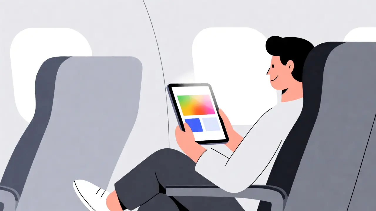 Traveler enjoying offline downloads on a tablet