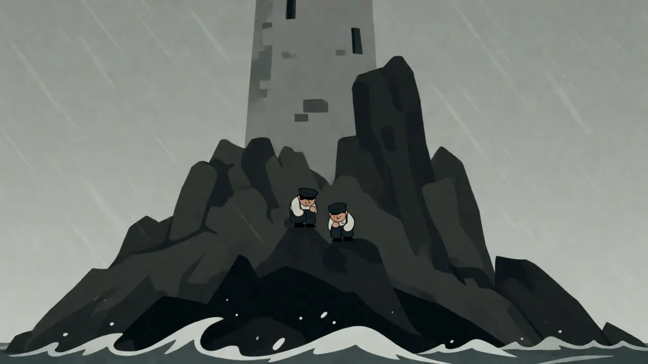 Two figures on a rocky island framed in a restrictive square aspect ratio.