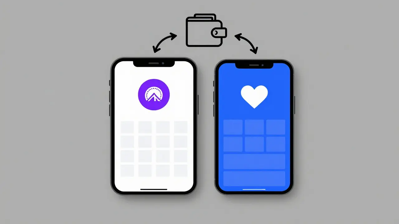 Two smartphones showing simplified purple and blue streaming app interfaces.