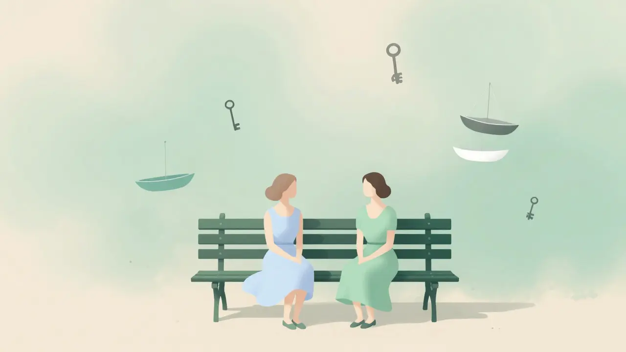 Whimsical minimalist illustration of two women on a bench with surreal floating objects in a garden.