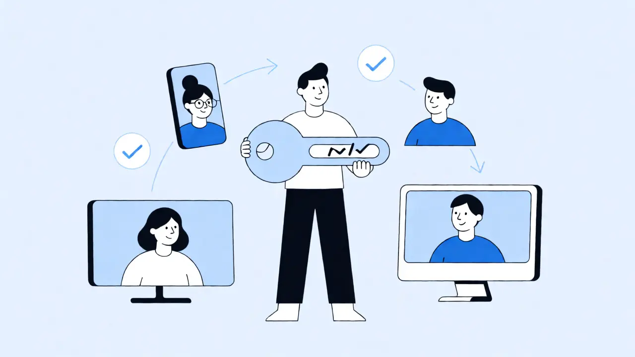 A host inviting diverse friends to join a watch party via a shared link on multiple devices.