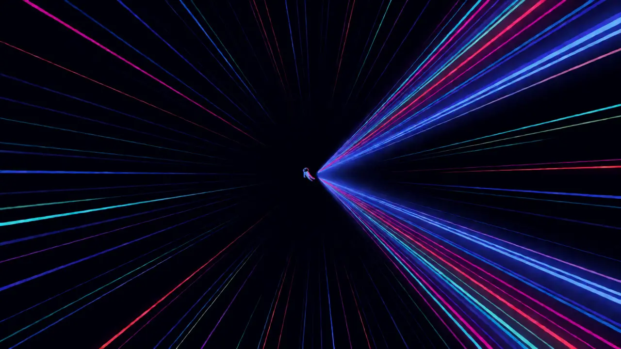 Abstract minimalist depiction of colorful light tunnels and a floating astronaut.