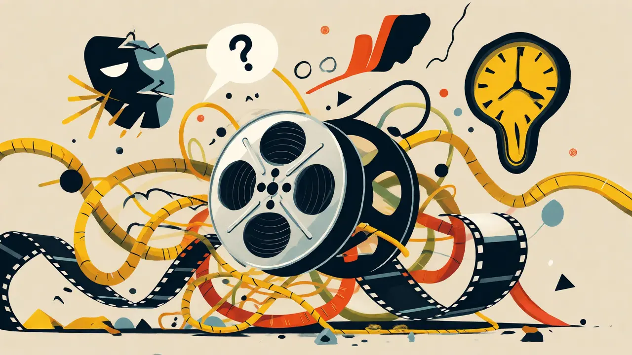 Abstract minimalist illustration of tangled film reels and symbols of cinematic failure