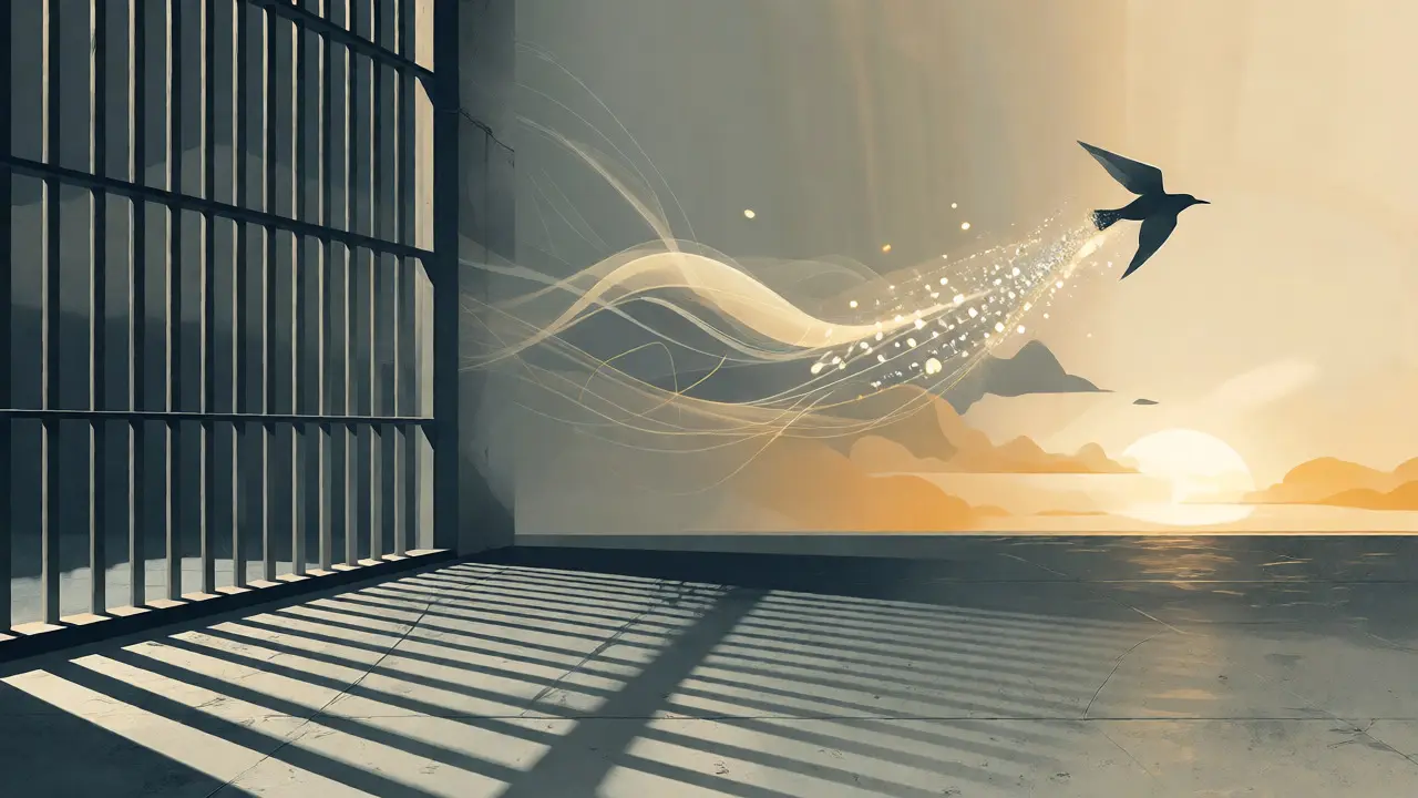 Bird flying from prison bars to a golden ocean horizon, minimalist art