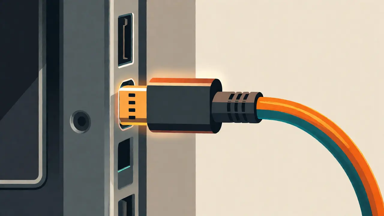 Close-up of an HDMI cable connecting to a TV port in minimalist style