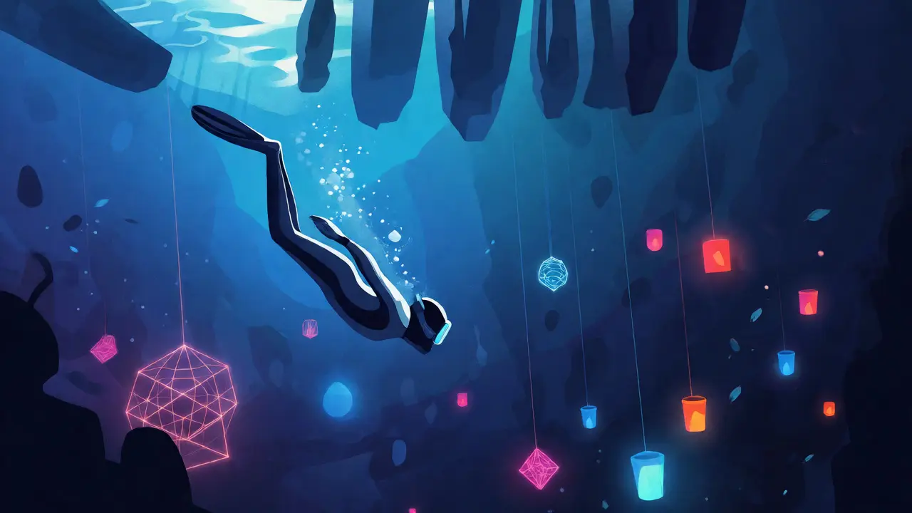 Diver exploring deep ocean for hidden glowing gems beneath surface blockbusters.
