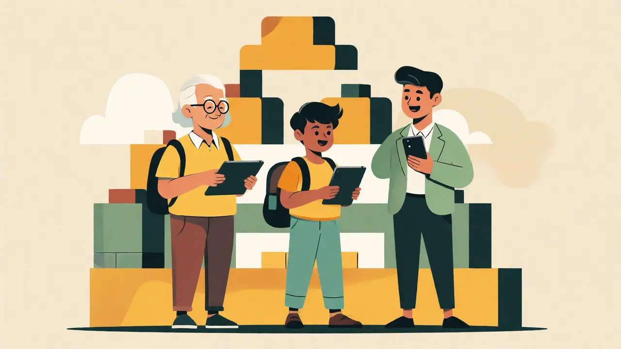 Diverse group of users benefiting from accessible design, supported by structural blocks.