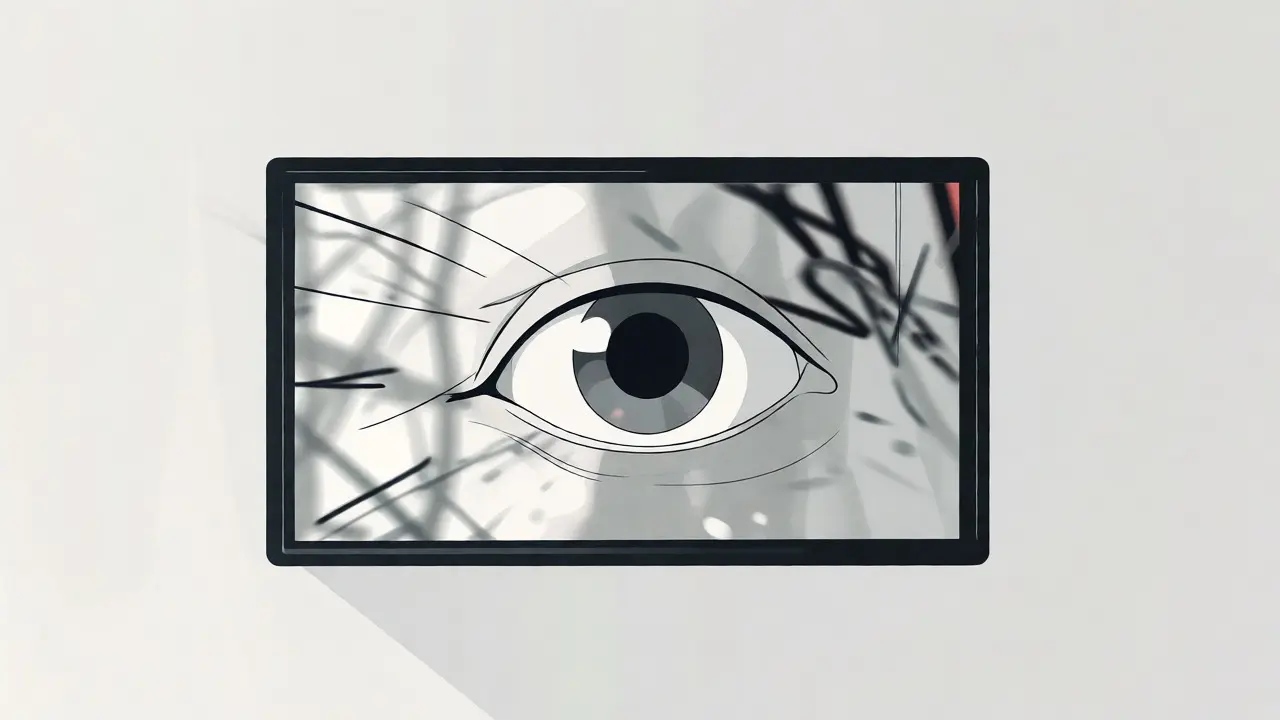 Eye viewing chaotic footage through a rectangular frame