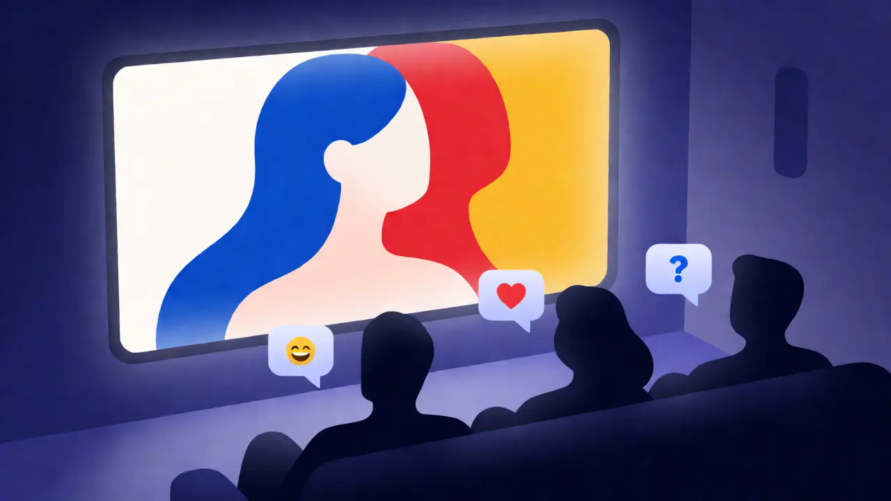 Friends relaxing in a dark living room watching a movie together with chat bubbles appearing above them.