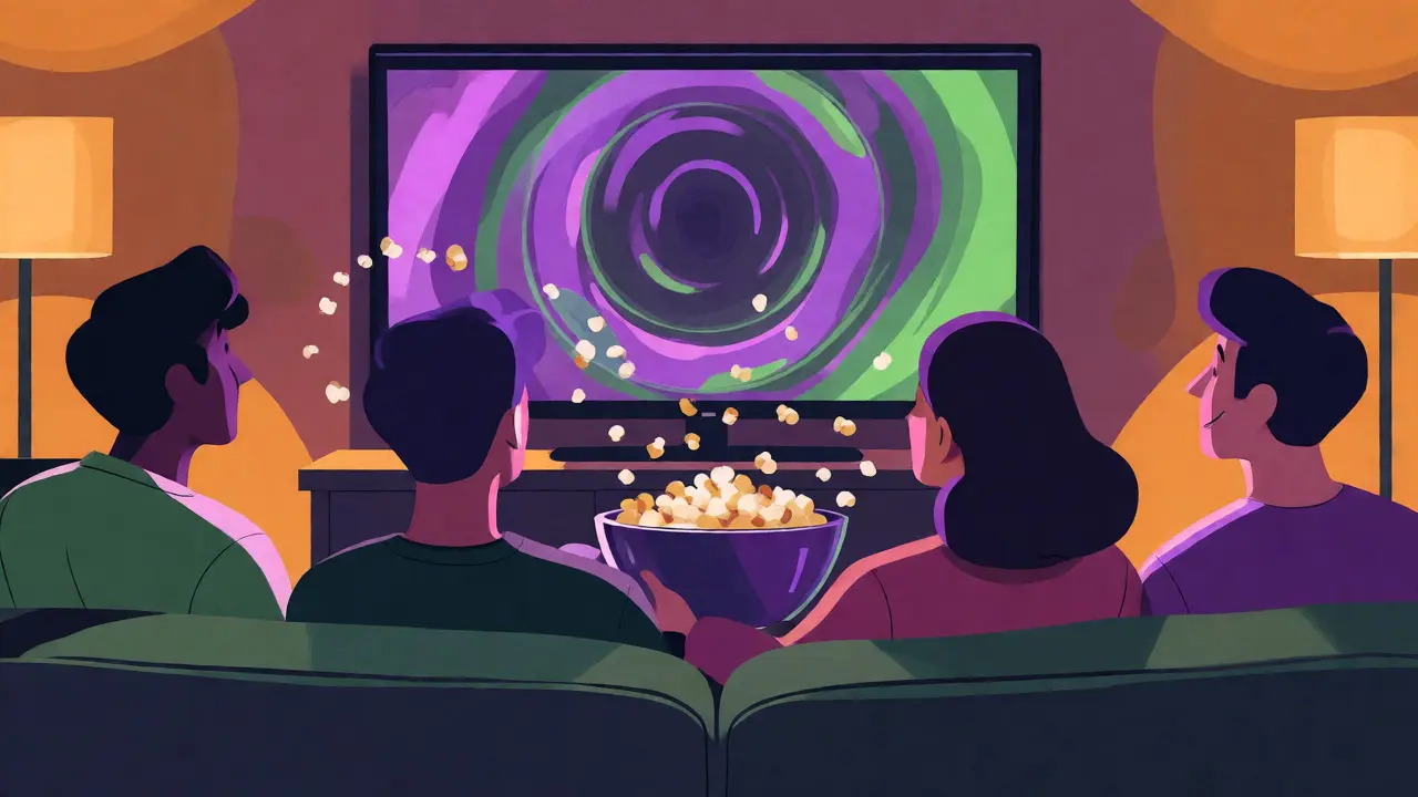 Friends watching a colorful abstract screen together in a cozy living room