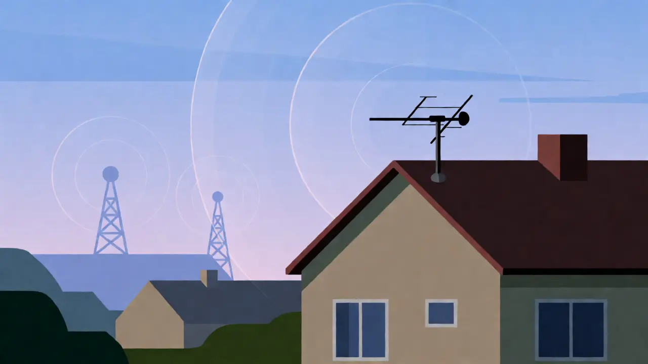 House with rooftop antenna receiving radio waves from distant broadcast towers